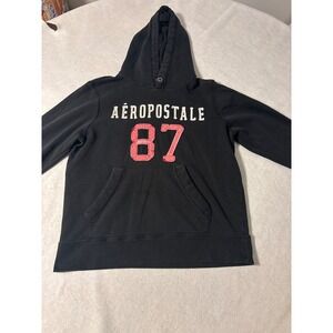 Aeropostale Mens Black Graphic Pullover Hoodie 87 Applique Logo Sweatshirt xl